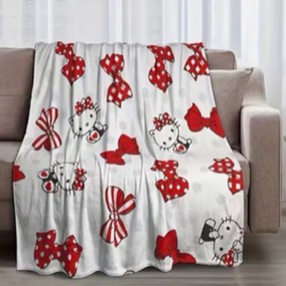 Preppy Style Hello Kitty Blanket Valentines Hearts Bows Red and White Throw